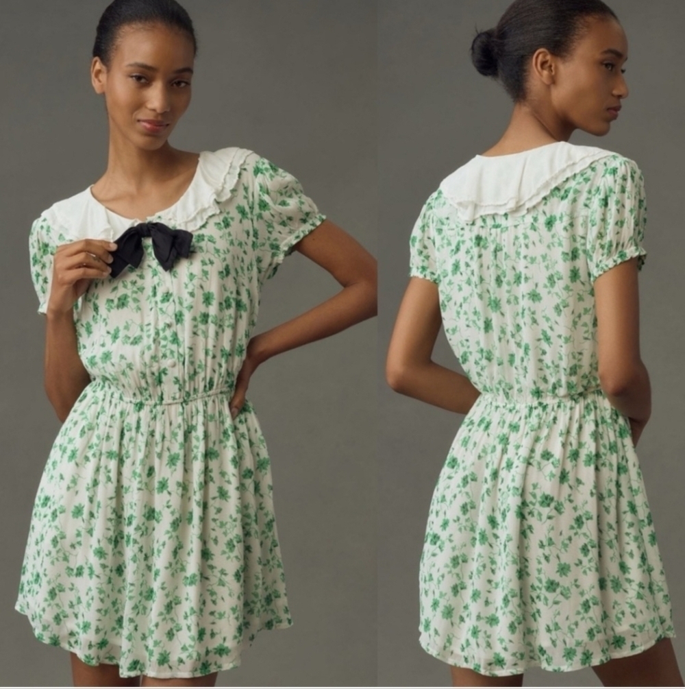 Anthropologie/Maeve Short-Sleeve Collared Mini Dress, Small Petite Green/White